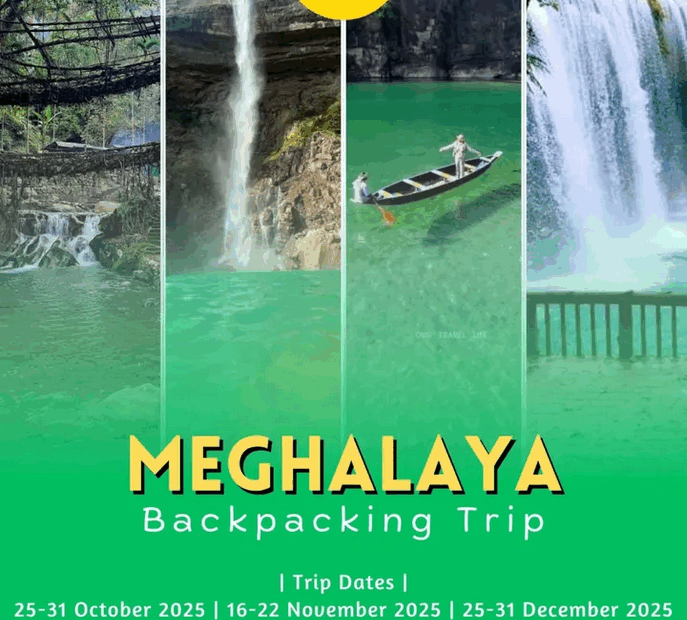 Meghalaya backpacking trip promo with scenic images.