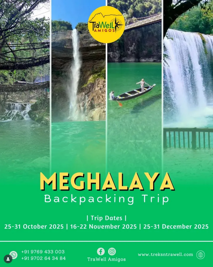 Meghalaya backpacking trip promo with scenic images.