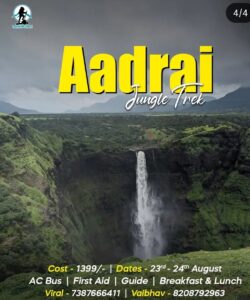 Aadrai Jungle Trek advertisement with waterfall background.