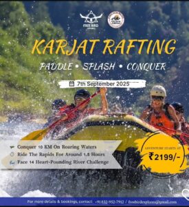 Karjat rafting adventure poster with key details.