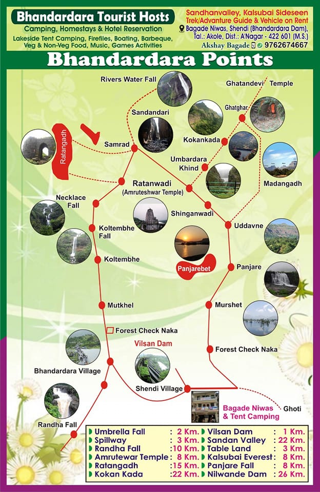 Map of Bhandardara tourist attractions and camping sites.