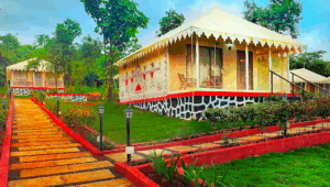 Charming canvas tent cottages in a lush setting.