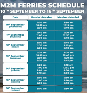 M2M ferries schedule from September 10 to 16.