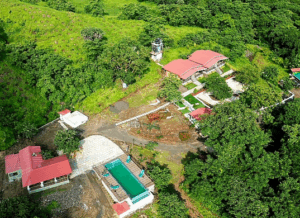 Aerial view of houses with red roofs and pool.