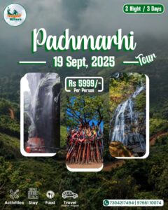 Pachmarhi tour flyer with waterfalls and activities.