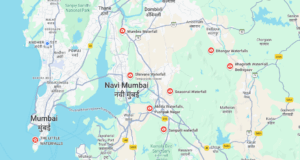 Map showing waterfalls near Mumbai and Navi Mumbai.
