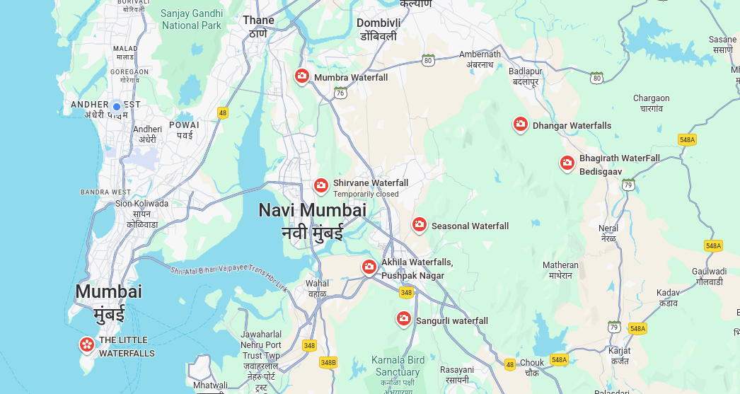 Map showing waterfalls near Mumbai and Navi Mumbai.