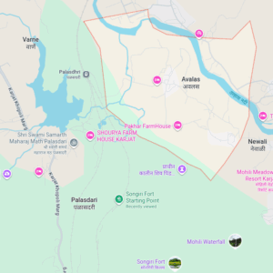 Map of Karjat region with landmarks and rivers.