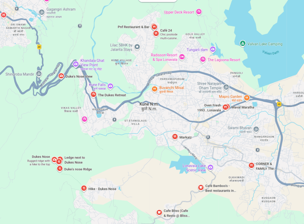 Map of tourist spots near Lonavala, India