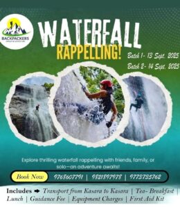 Exciting waterfall rappelling adventure event poster 2025.