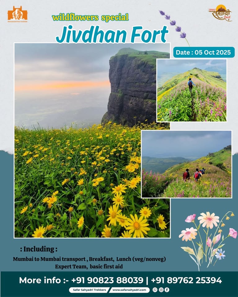 Jivdhan Fort trek with wildflowers and scenic views.