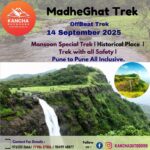MadheGhat Trek advertisement with scenic waterfall view.