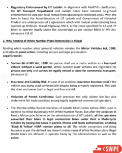 Legal restrictions on renting private motorcycles in Ladakh.