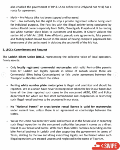 Document discussing legality of motorcycle rentals in Ladakh.