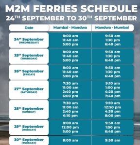 M2M ferry schedule: Mumbai to Mandwa, September 24-30.