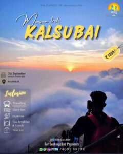 Monsoon trek to Kalsubai promotional poster with sunset.