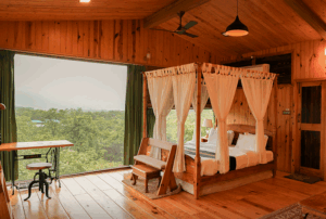 Cozy cabin bedroom with forest view.