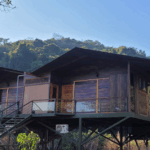 Wooden cabin in a forested mountain area.