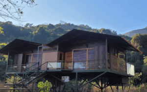 Wooden cabin in a forested mountain area.