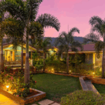 Scenic view of villa garden at sunset