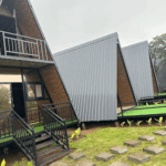 Modern A-frame cabins with green landscaping