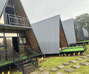 Modern A-frame cabins with green landscaping