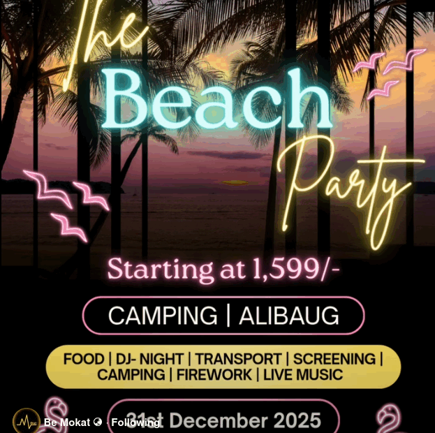 Beach party event with camping details and pricing.