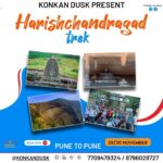 Harishchandragad trek poster with photos and contact details.