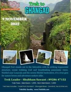 Ghangad Fort trek promotional poster with scenic views.