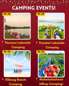 Camping events: Pawana, Panshet, Alibaug, Mahabaleshwar locations.