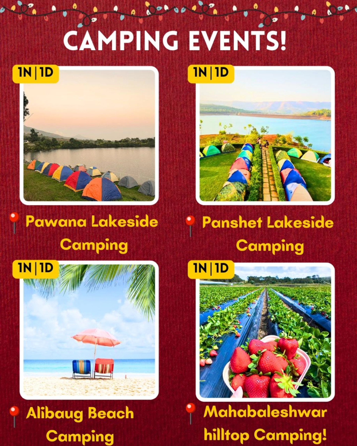 Camping events: Pawana, Panshet, Alibaug, Mahabaleshwar locations.
