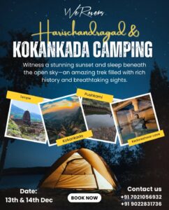 Harishchandragad camping trek, sunset views, December event.