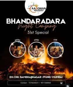Bhandardara night camping event poster with bonfire.