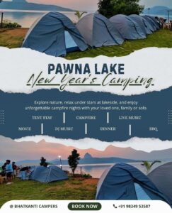 Pawna Lake New Year's camping tents by lakeside.
