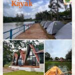 Camp Kayak by river with tents and cabins