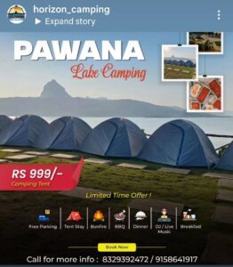 Pawana Lake camping tents with amenities and lake view.