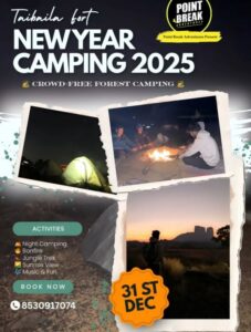 New Year camping event with bonfire and activities.
