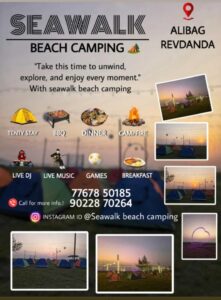 Seawalk Beach Camping: tents, BBQ, music, sunset views.