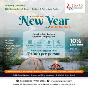Lakeside camping New Year celebration offer, Pune, 2026.