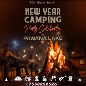 New Year camping party at Pawana Lake with bonfire.