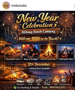 2026 New Year beach camping celebration poster.