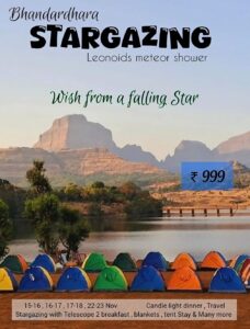 Bhandardhara stargazing event with tents and lake view.