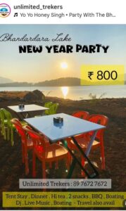 Bhandardara Lake New Year Party details with sunset view.