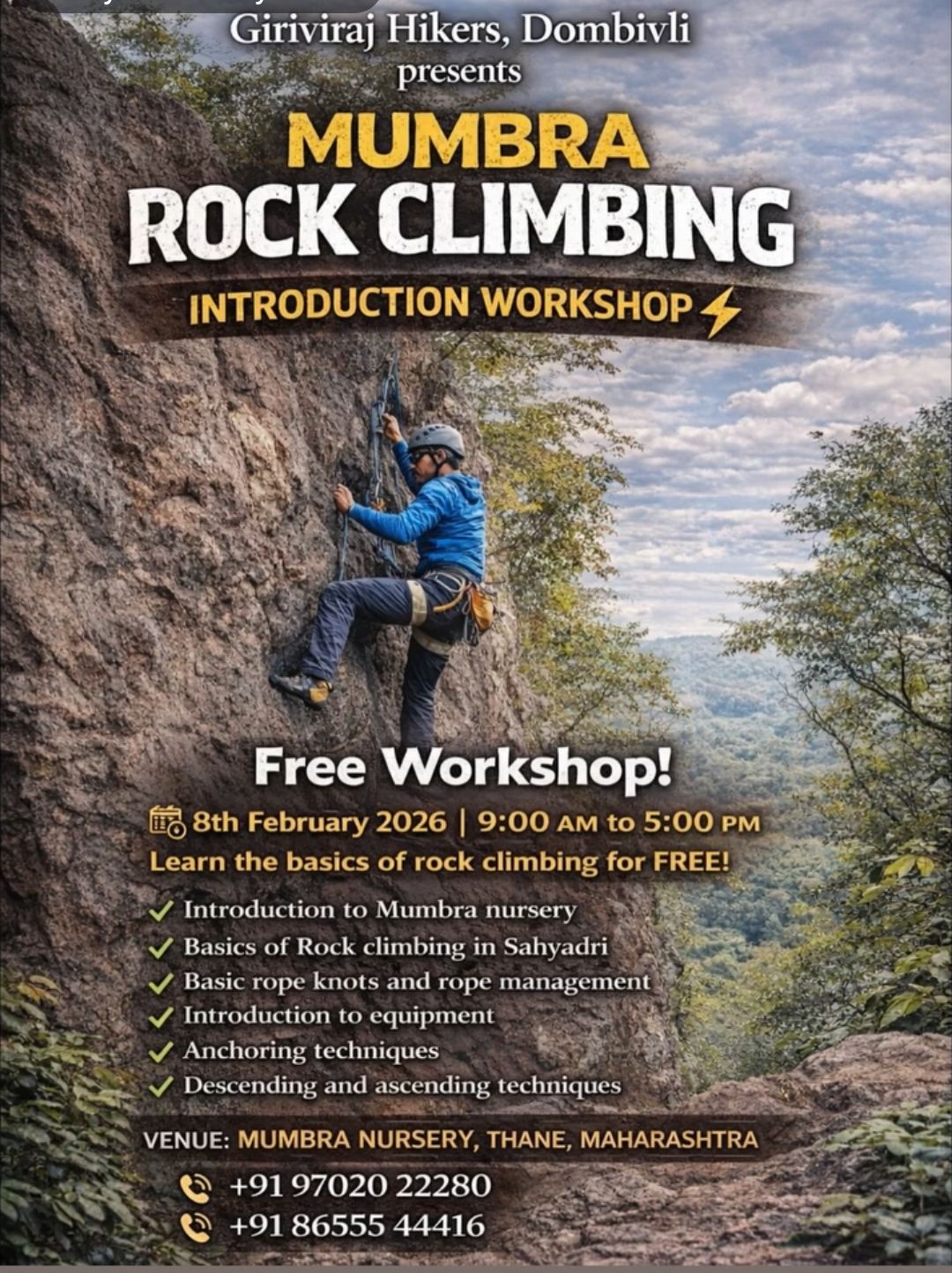 Mumbra rock climbing workshop promotional flyer